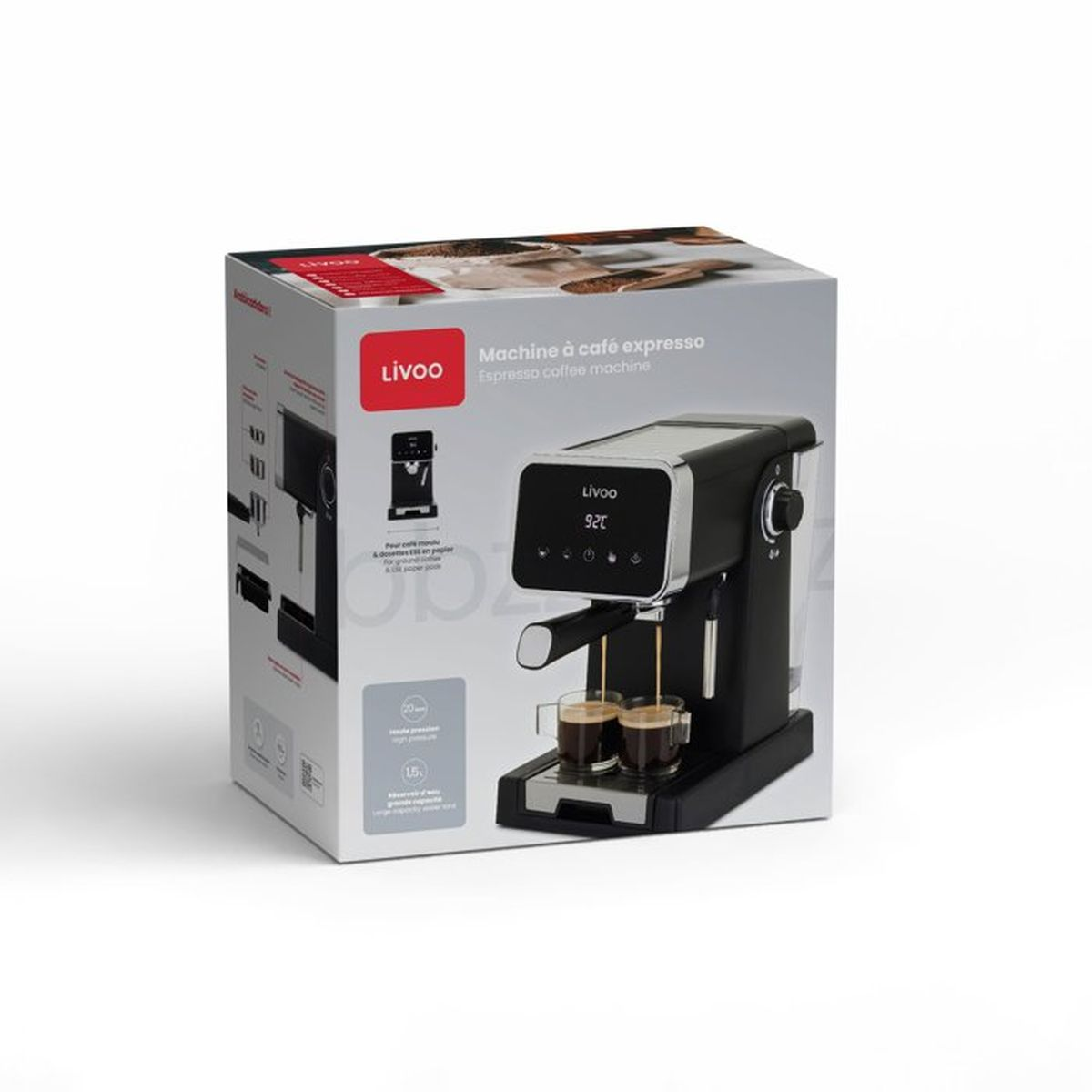 Produktverpackung einer schwarzen Livoo-Espressomaschine mit digitalen Bedienelementen, die zwei Tassen Kaffee brüht.