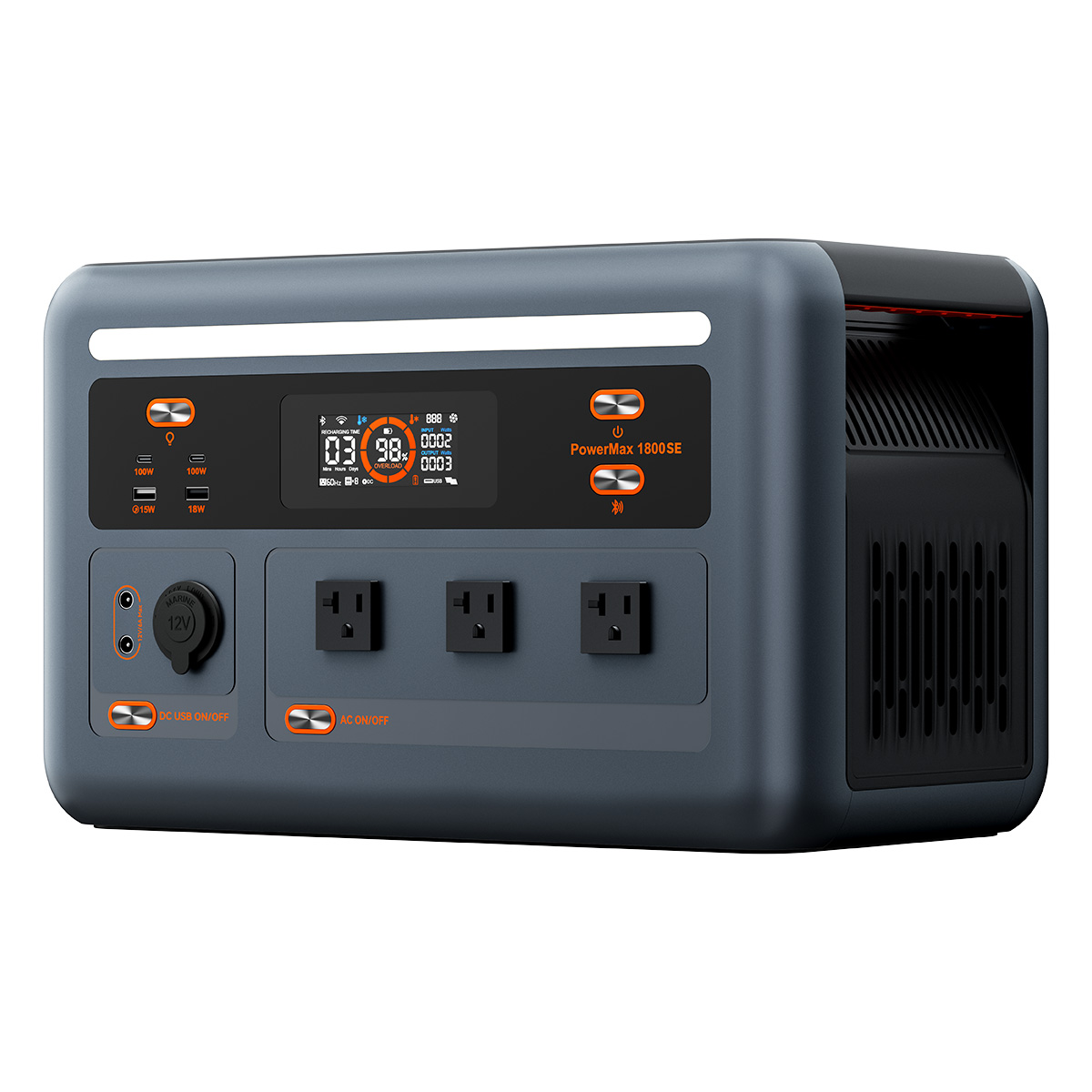 Gray portable power station with an LCD display, USB ports, AC outlets, and a light strip.