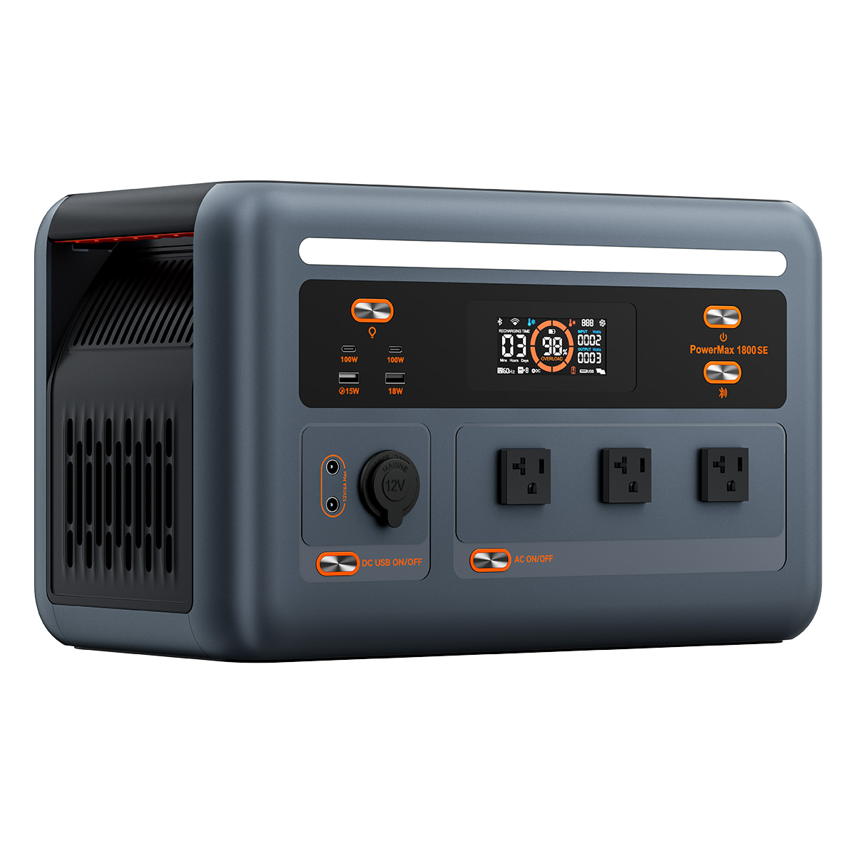 Blue PowerMax 1800 SE portable power station with LCD screen and multiple outlets against a white background.