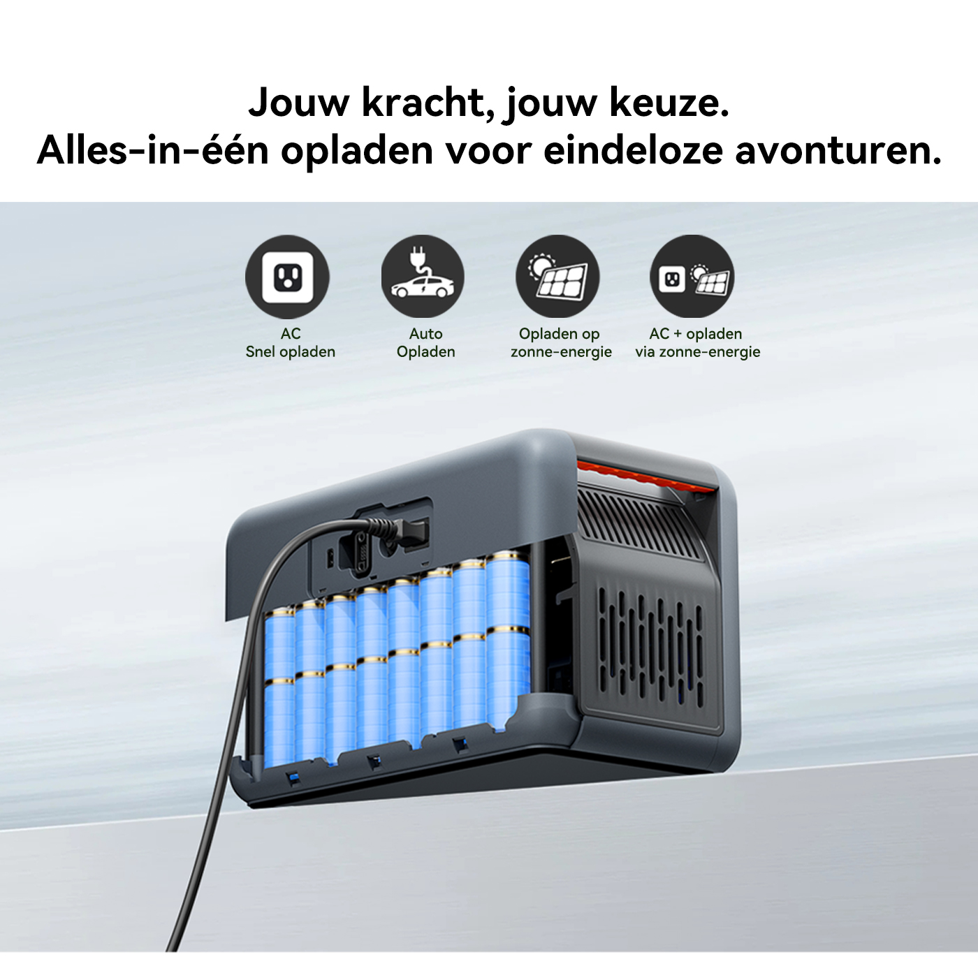 Portable power station with visible blue cylindrical battery cells and four charging option icons above.