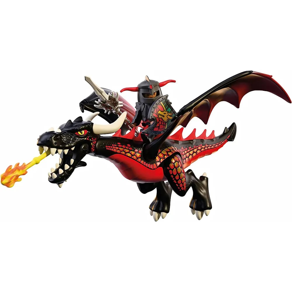Un dragón de juguete negro con vientre rojo y cuernos escupe fuego mientras un caballero con armadura lo monta.