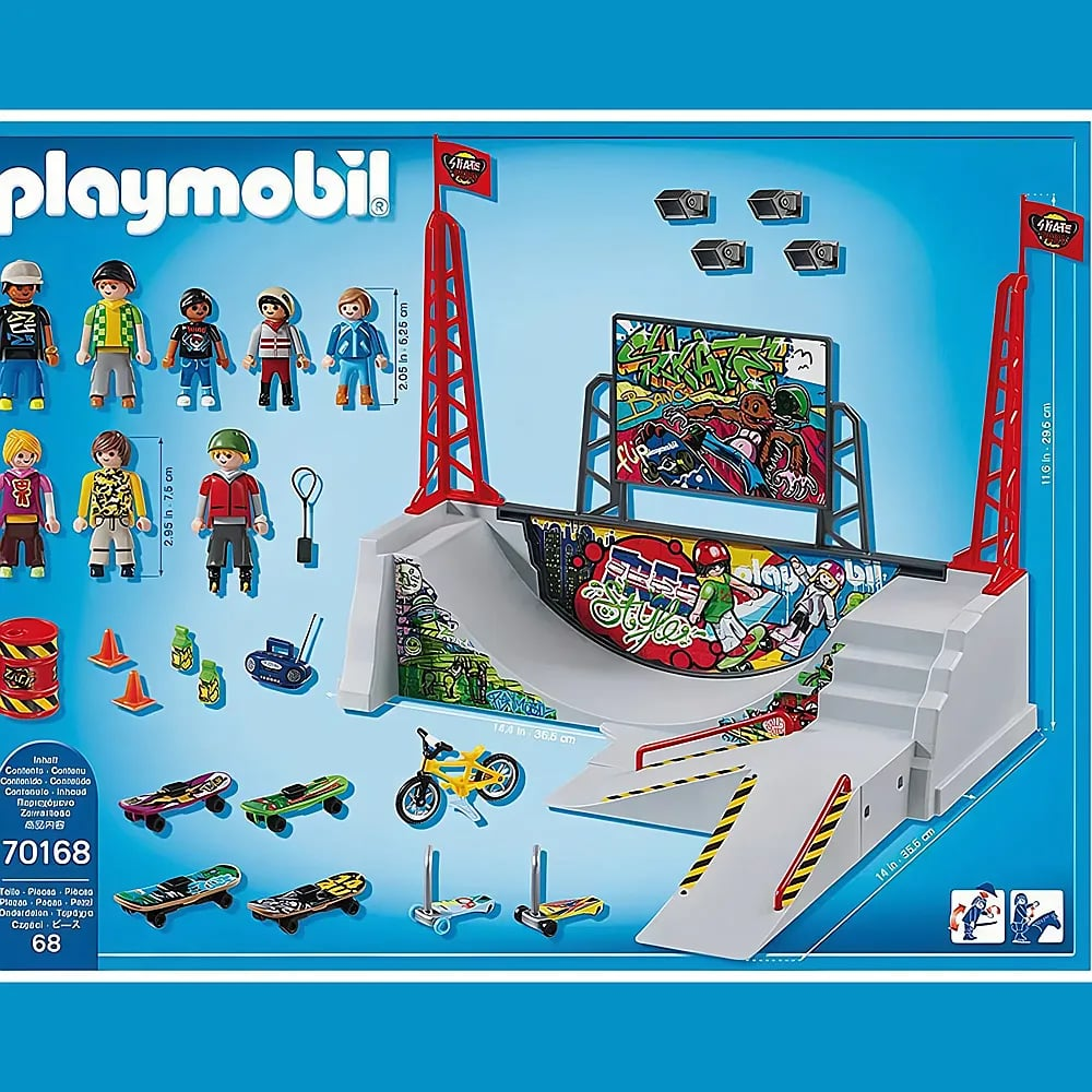 Set de skatepark Playmobil con figuras, rampas, monopatines, BMX y detalles de grafitis sobre fondo azul.