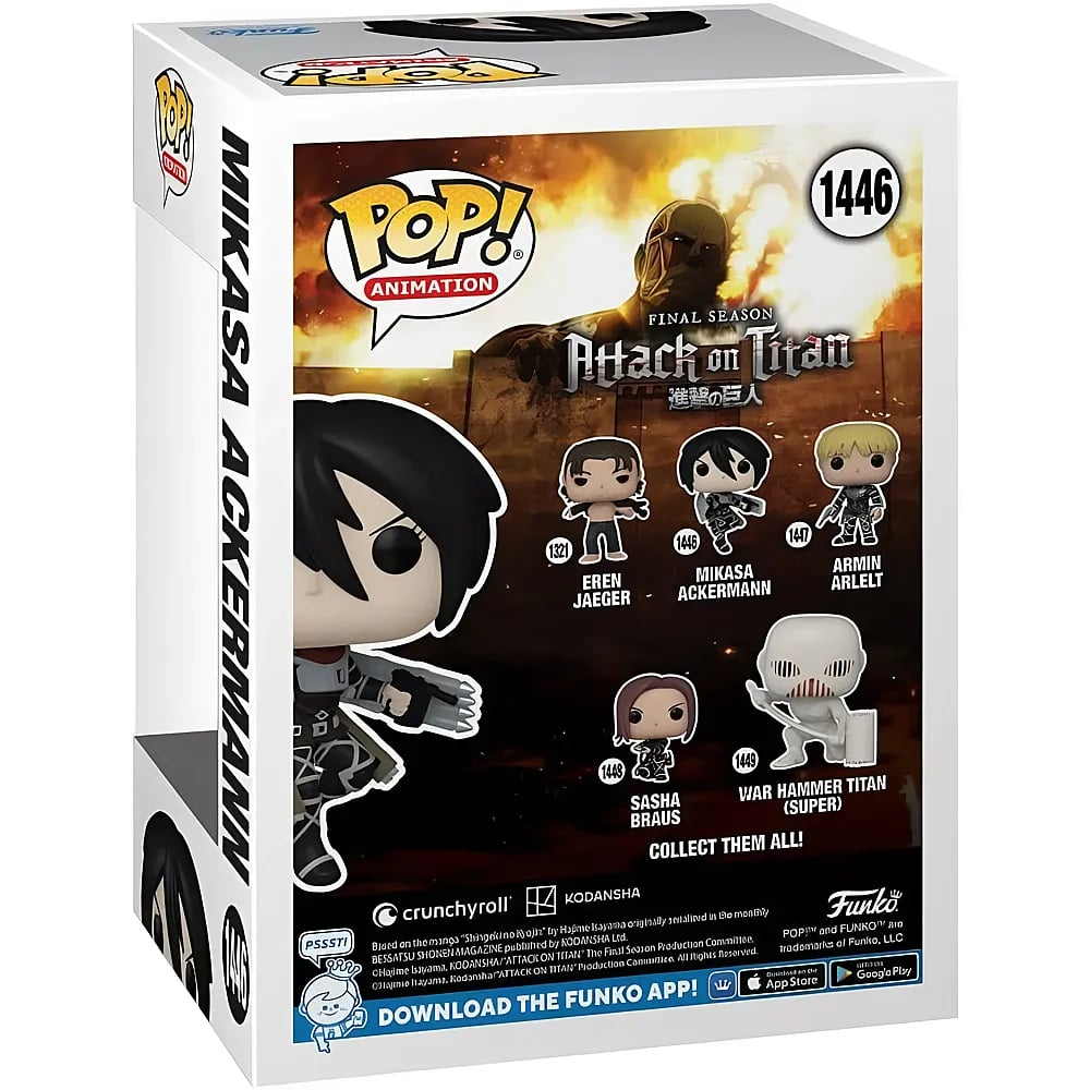 Rückseite einer Attack on Titan Mikasa Ackerman Funko Pop Verpackung mit Figuren.