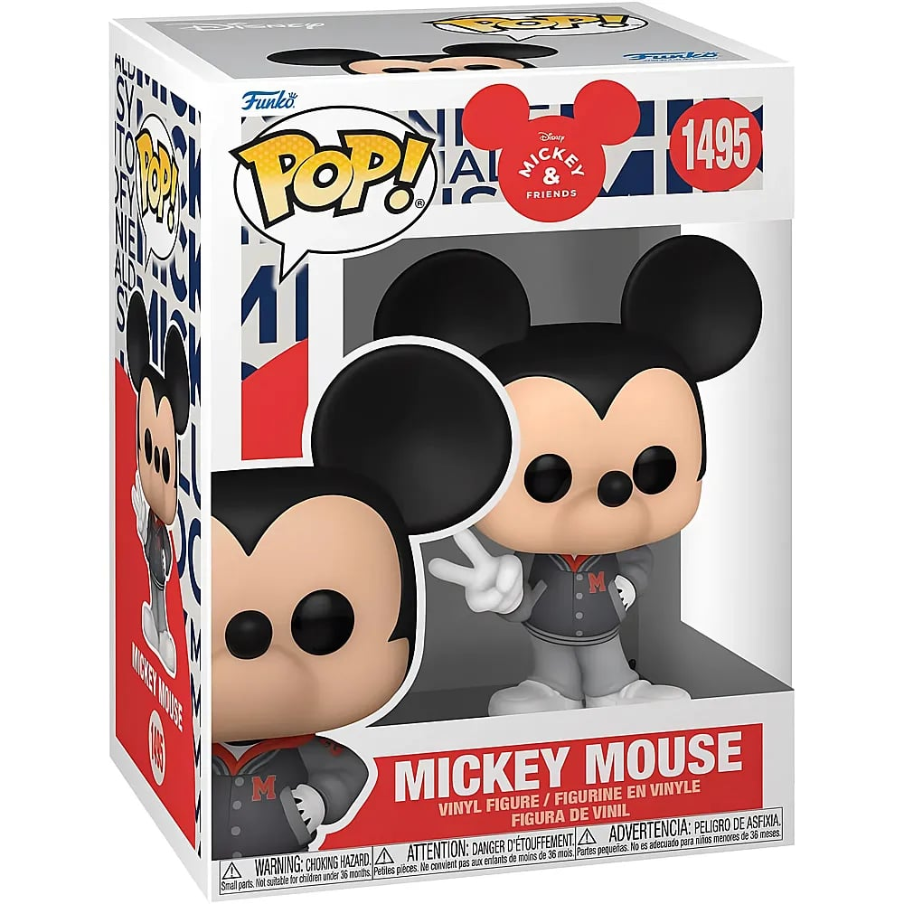 Figurka winylowa Funko Pop! przedstawiająca Myszkę Miki w szarej kurtce, w kolorowym pudełku z motywem Union Jack.