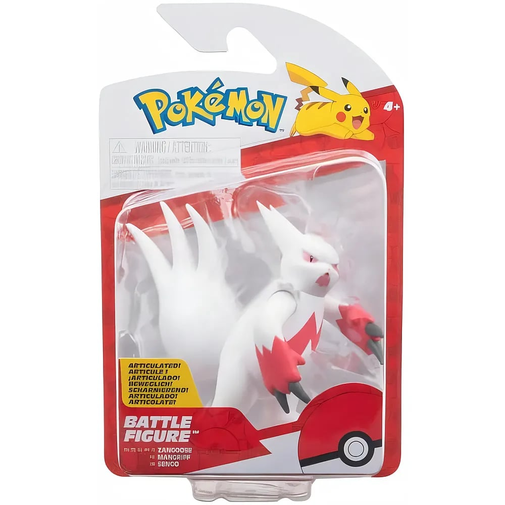 Eine weiße Zangoose Pokémon Kampffigur in Rot-Weiß-Verpackung mit Pikachu-Logo.
