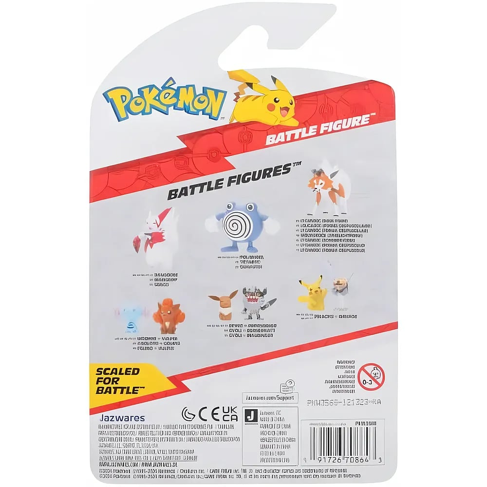 Rückseite einer Pokémon-Spielzeugverpackung mit Pikachu oben und verschiedenen Kampffiguren unten.