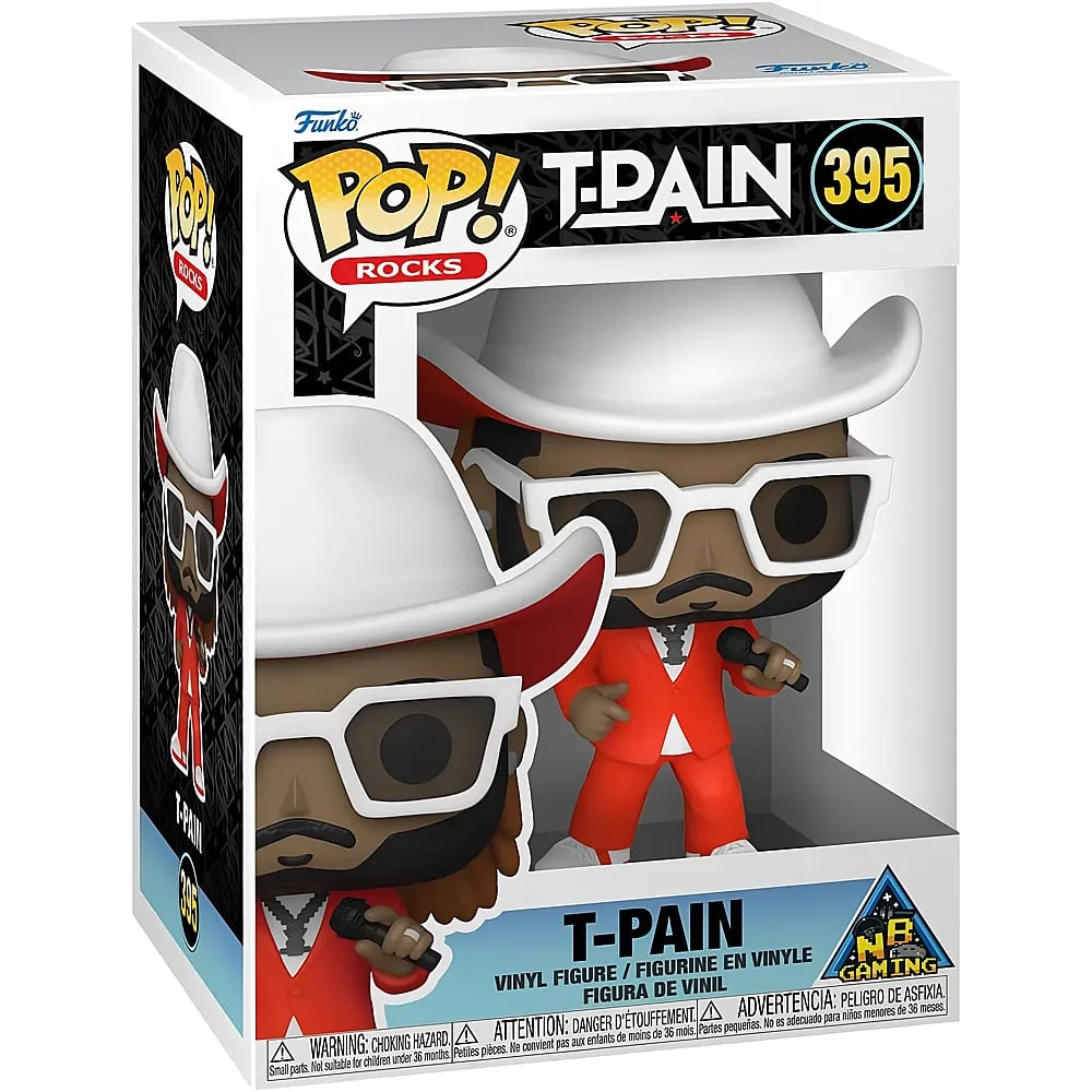 Una figura de vinilo Funko Pop de T-Pain con sombrero de vaquero blanco, gafas blancas y traje rojo, dentro de su caja.