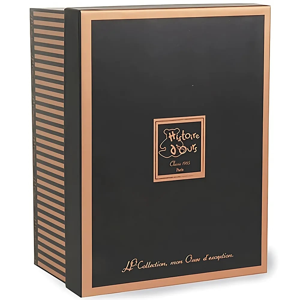 Eine schwarze Geschenkbox mit roségoldenem Rand und dem Logo Histoire d'Ours.