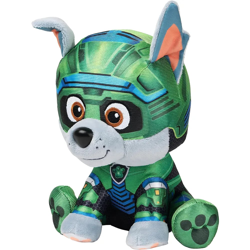 Eine grüne und blaue Paw Patrol Plüschfigur mit großen braunen Augen und Tiermasken-Design.
