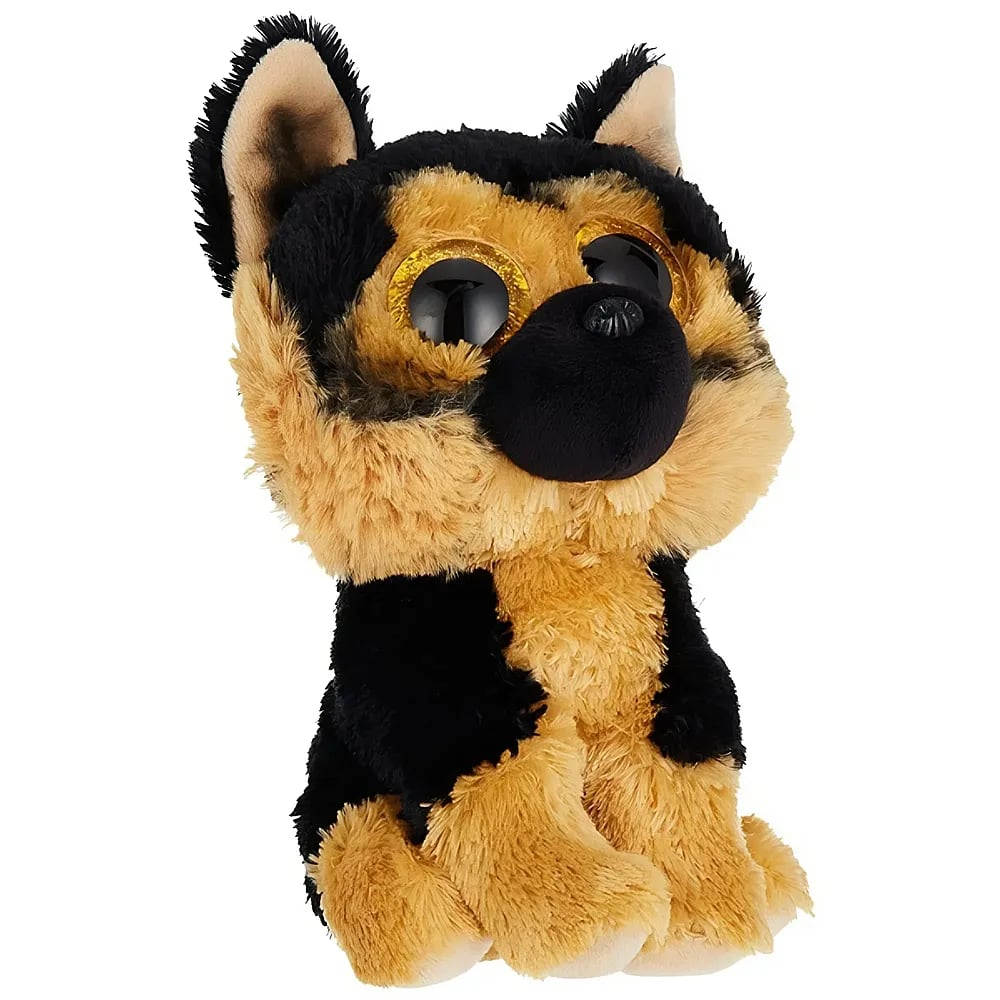 Ein Plüsch-Schäferhund mit großen, goldglitzernden Augen und schwarzer Nase, vor weißem Hintergrund sitzend.