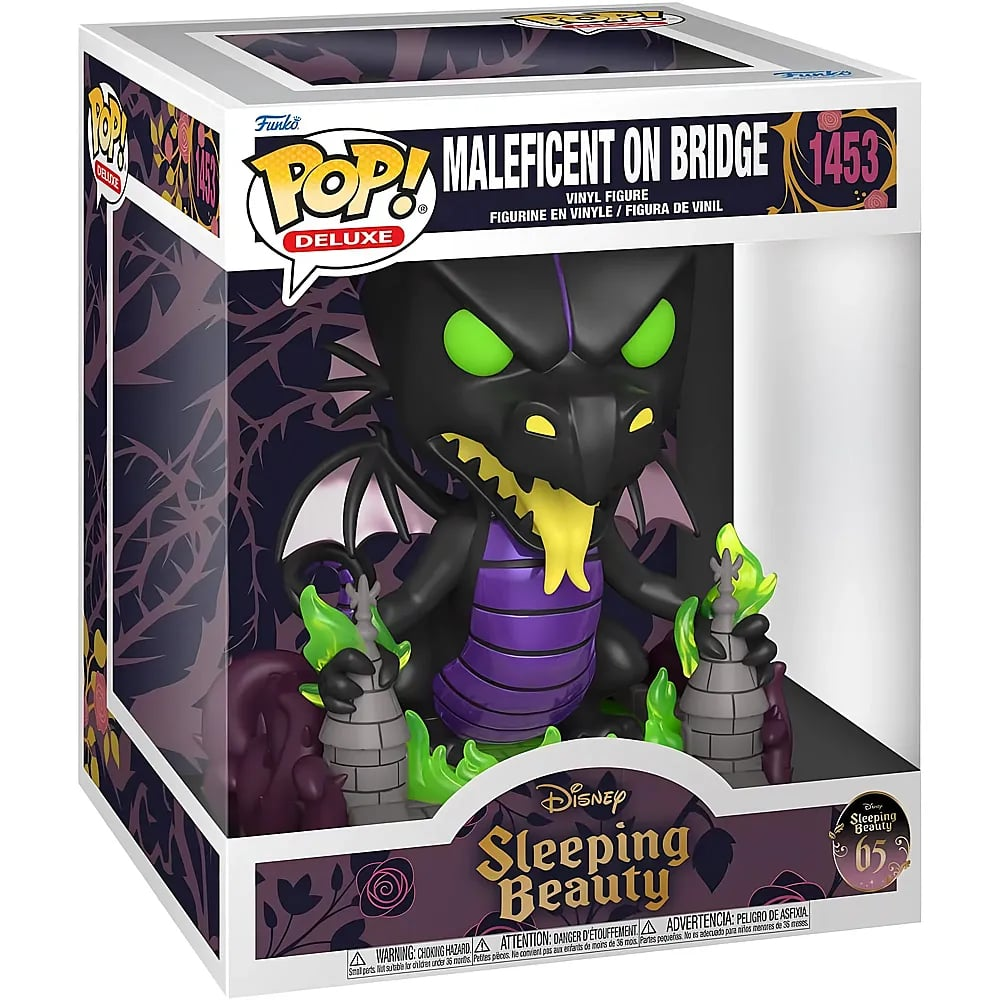 Figura de vinilo Funko Pop Deluxe de Maléfica como un dragón negro en un puente de La bella durmiente.