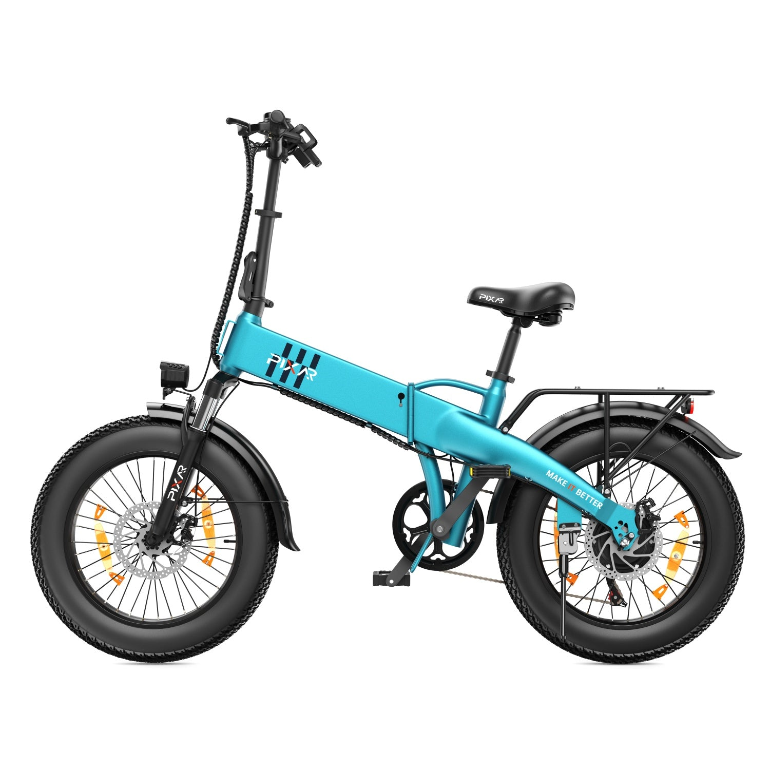 Ein türkises E-Fahrrad mit dicken Reifen, schwarzem Lenker und Gepäckträger vor weißem Hintergrund.