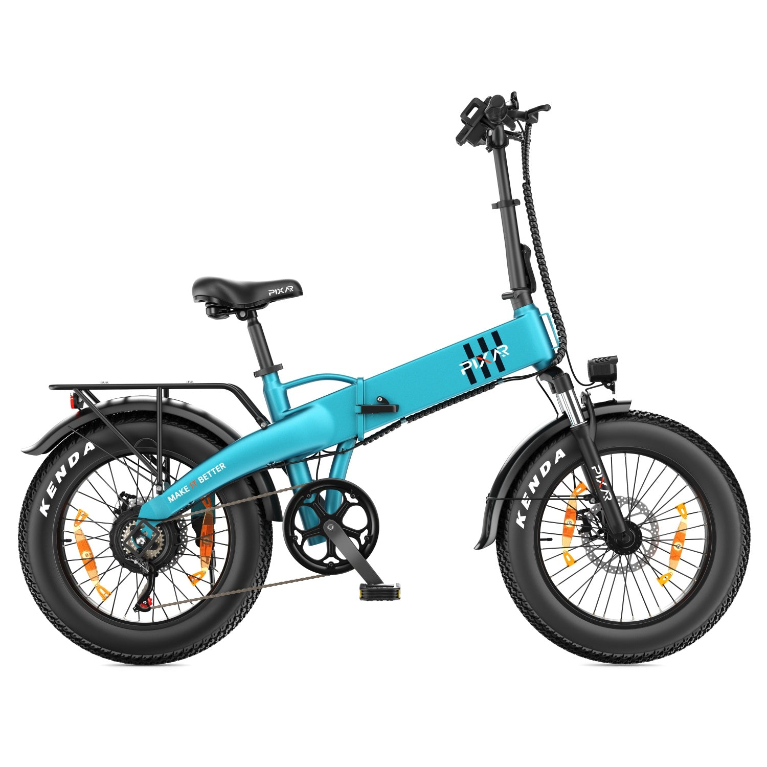 Ein blaues Elektro-Klapprad mit dicken Reifen, Gepäckträger und schwarzen Akzenten vor weißem Hintergrund.
