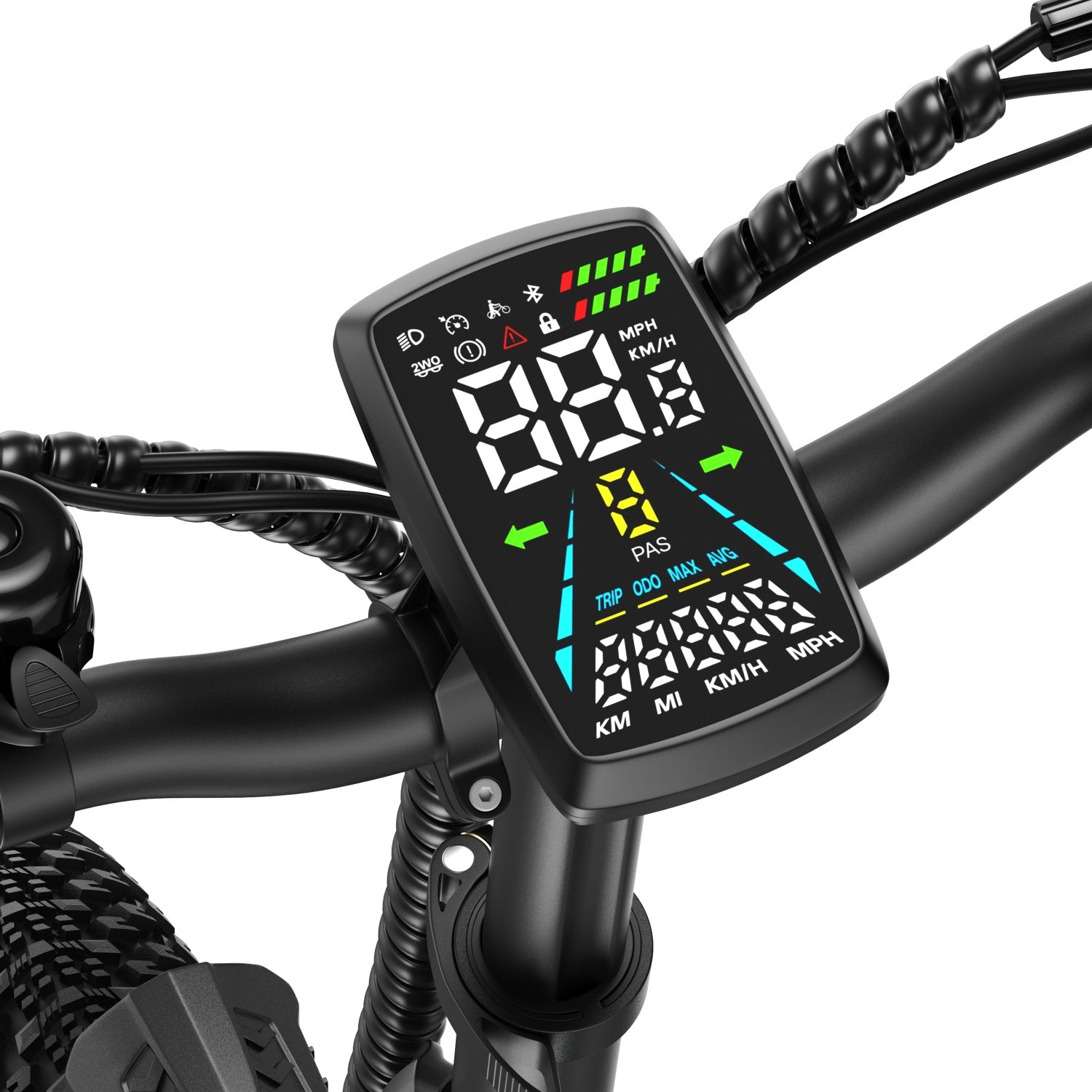 E-Bike-Lenker mit hellem digitalen Display für Geschwindigkeit und Akkustand.