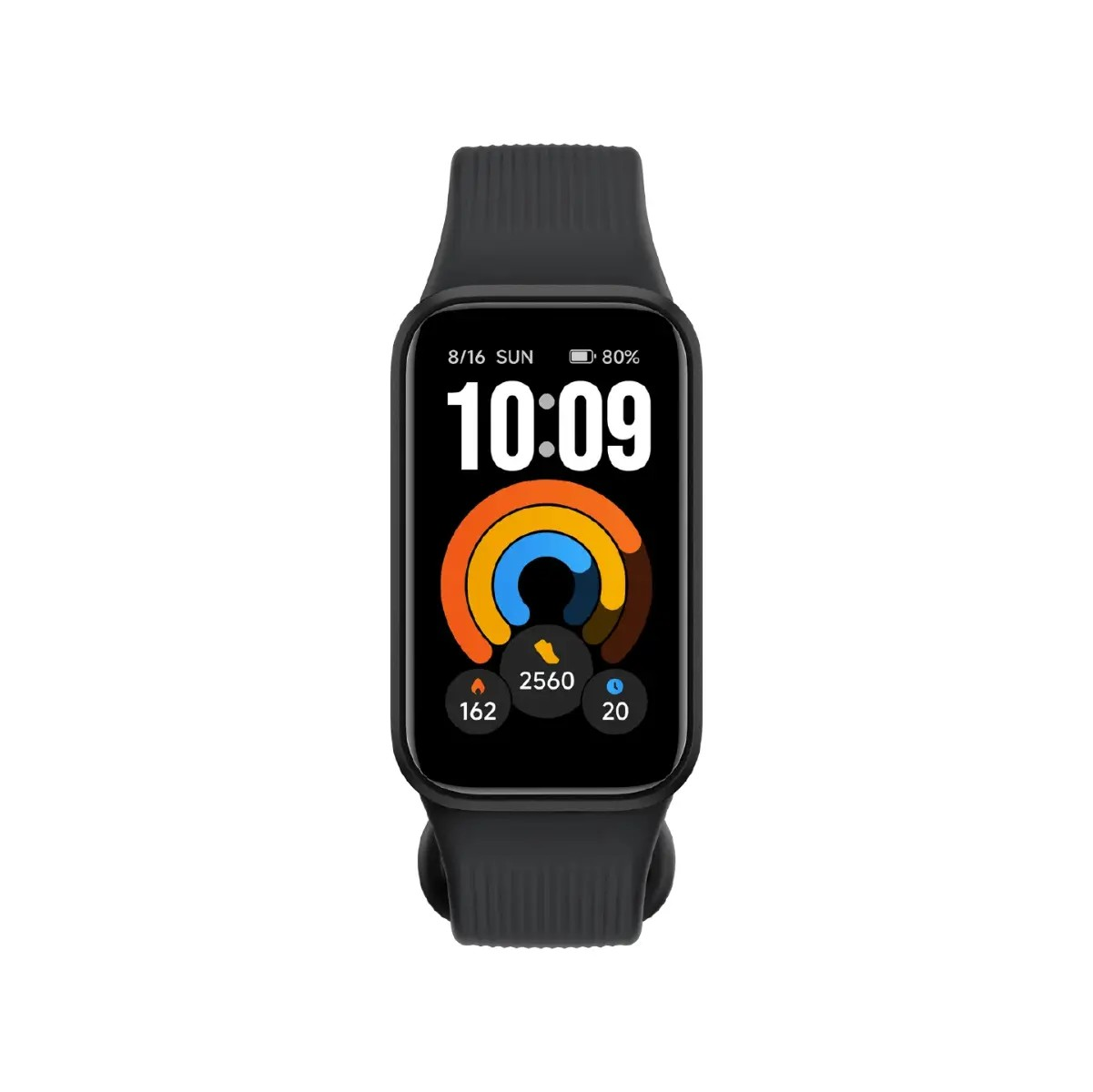 Pulsera de actividad negra que muestra la hora digital y anillos de colores sobre fondo blanco.