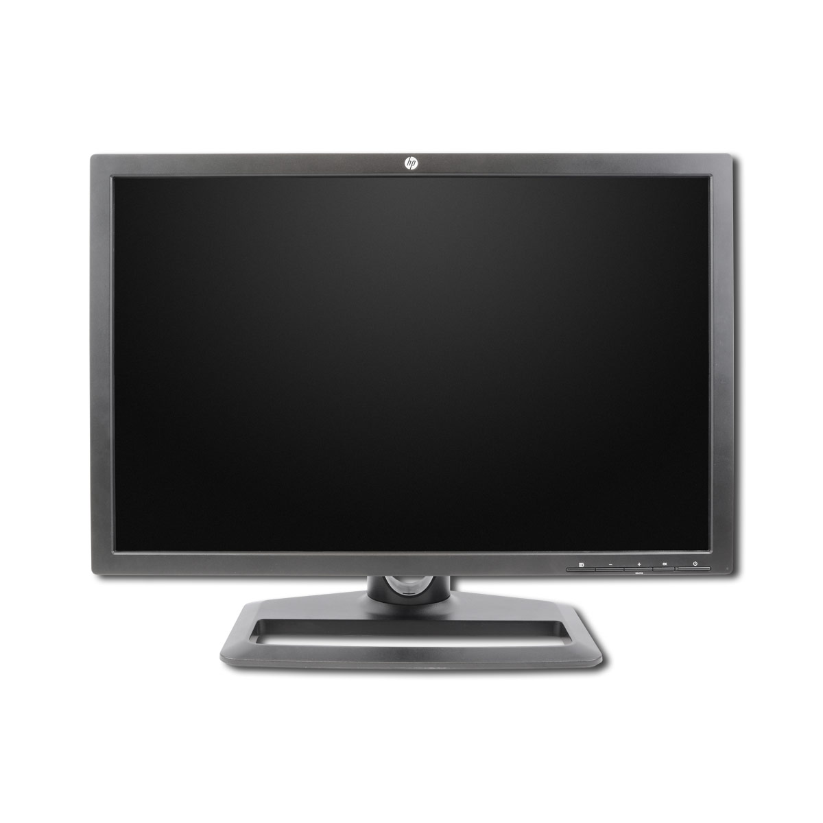 Ein schwarzer HP-Monitor mit breitem Rahmen steht auf einem flachen, quadratischen Standfuß vor weißem Hintergrund.