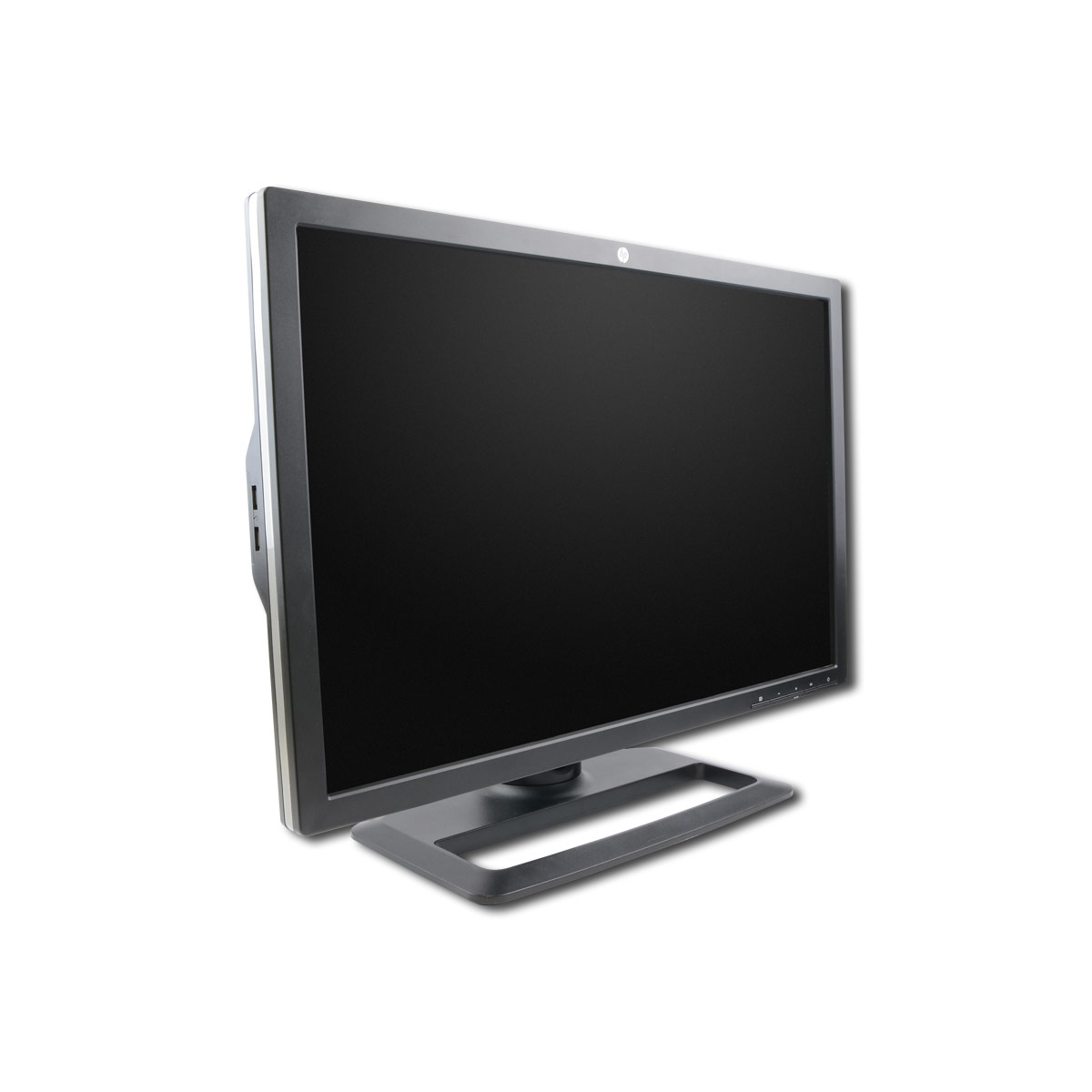 Ein schwarzer Computermonitor mit einem breiten Standfuß auf weißem Hintergrund.