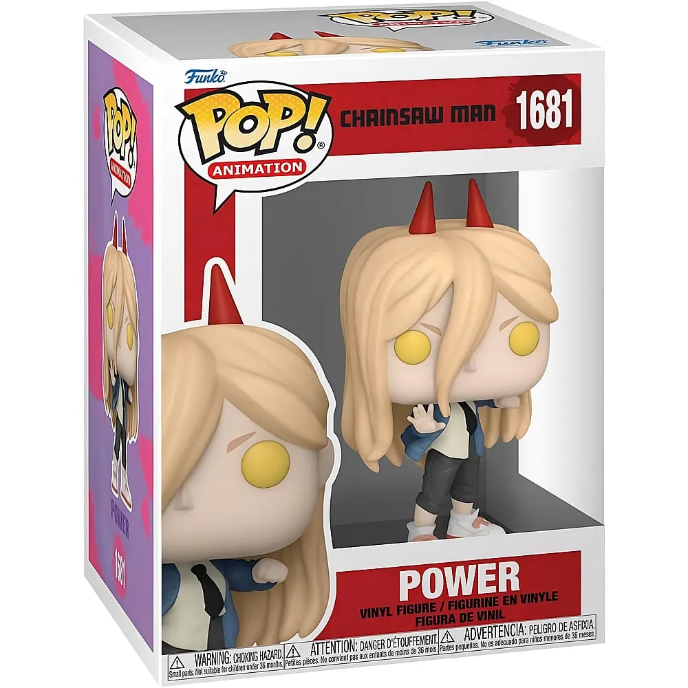 Winylowa figurka Funko Pop przedstawiająca Power z Chainsaw Man w czerwono-białym pudełku kolekcjonerskim.