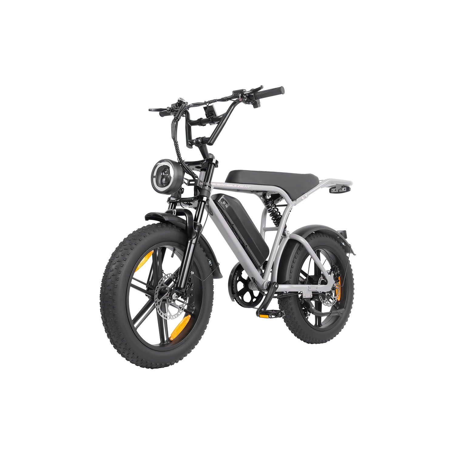 Ein graues Elektrofahrrad mit dicken Reifen, runden Scheinwerfern und schwarzem Sattel auf weißem Hintergrund.
