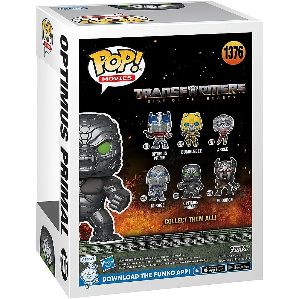 Rückseite einer Funko Pop Verpackung von Optimus Primal mit anderen Transformers Figuren.
