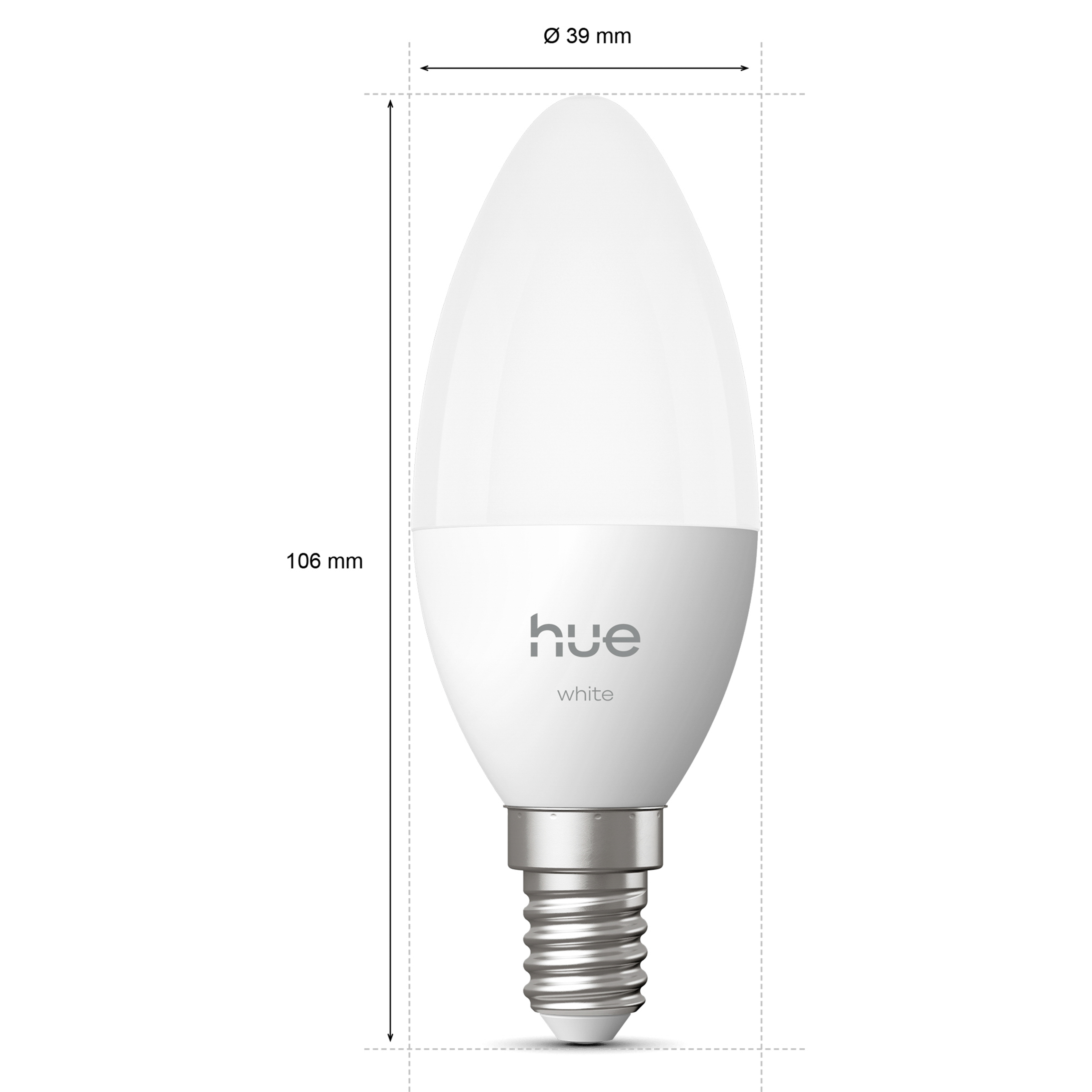 Philips Hue White Kerzenlampe E14, Maße 106 mm Höhe und 39 mm Durchmesser.