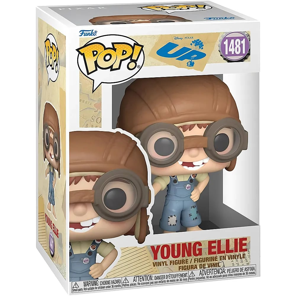 Figura Funko Pop de la joven Ellie de Up con gorro de aviador, gafas y peto dentro de su caja.