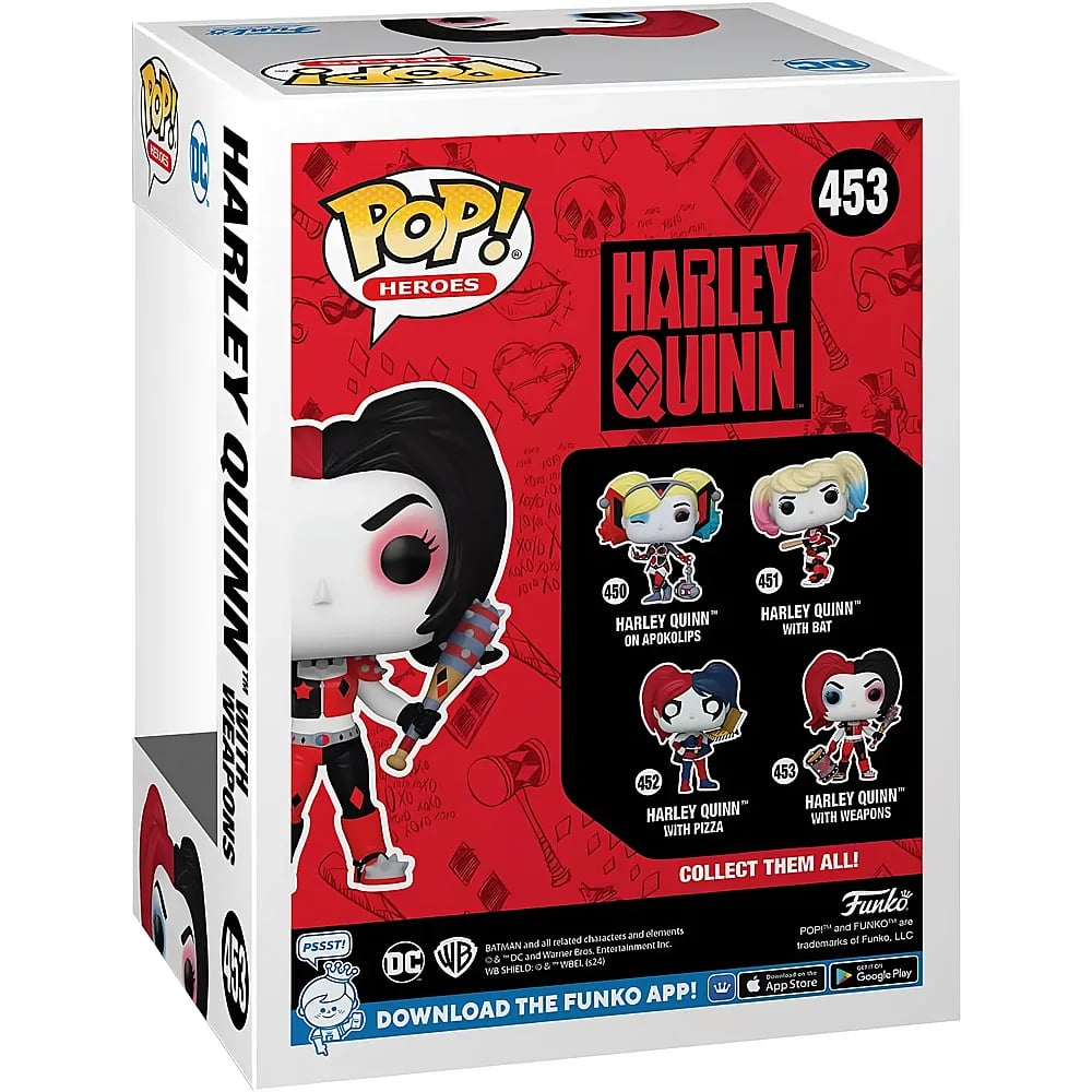 Boîte Funko Pop de Harley Quinn sur fond rouge.