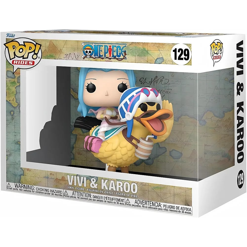 Figurka Funko Pop Rides przedstawiająca Vivi i Karoo z One Piece w pudełku z tłem mapy.