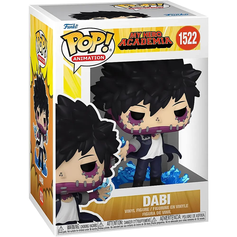 Figura de vinilo Funko Pop de Dabi de My Hero Academia en su caja con llamas azules.