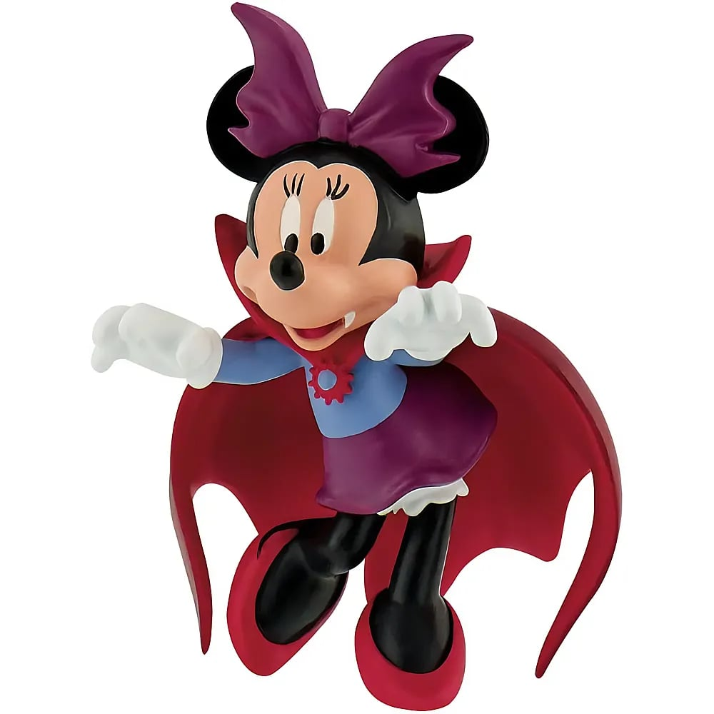 Minnie Mouse przebrana za wampira, w czerwonej pelerynie, fioletowej spódnici i pasującej kokardzie, na białym tle.