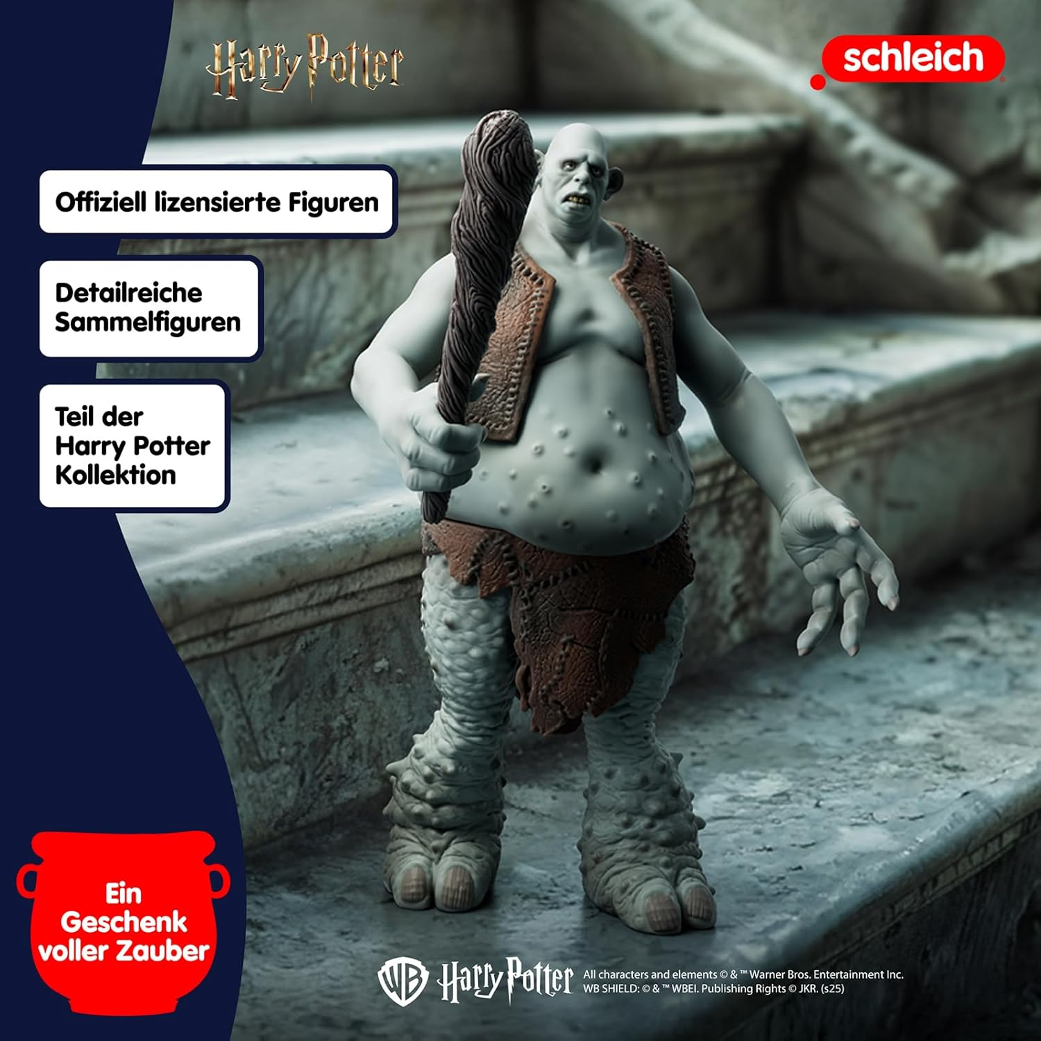 Eine graue Schleich Harry-Potter-Trollfigur mit Keule und brauner Weste steht vor Steinstufen.