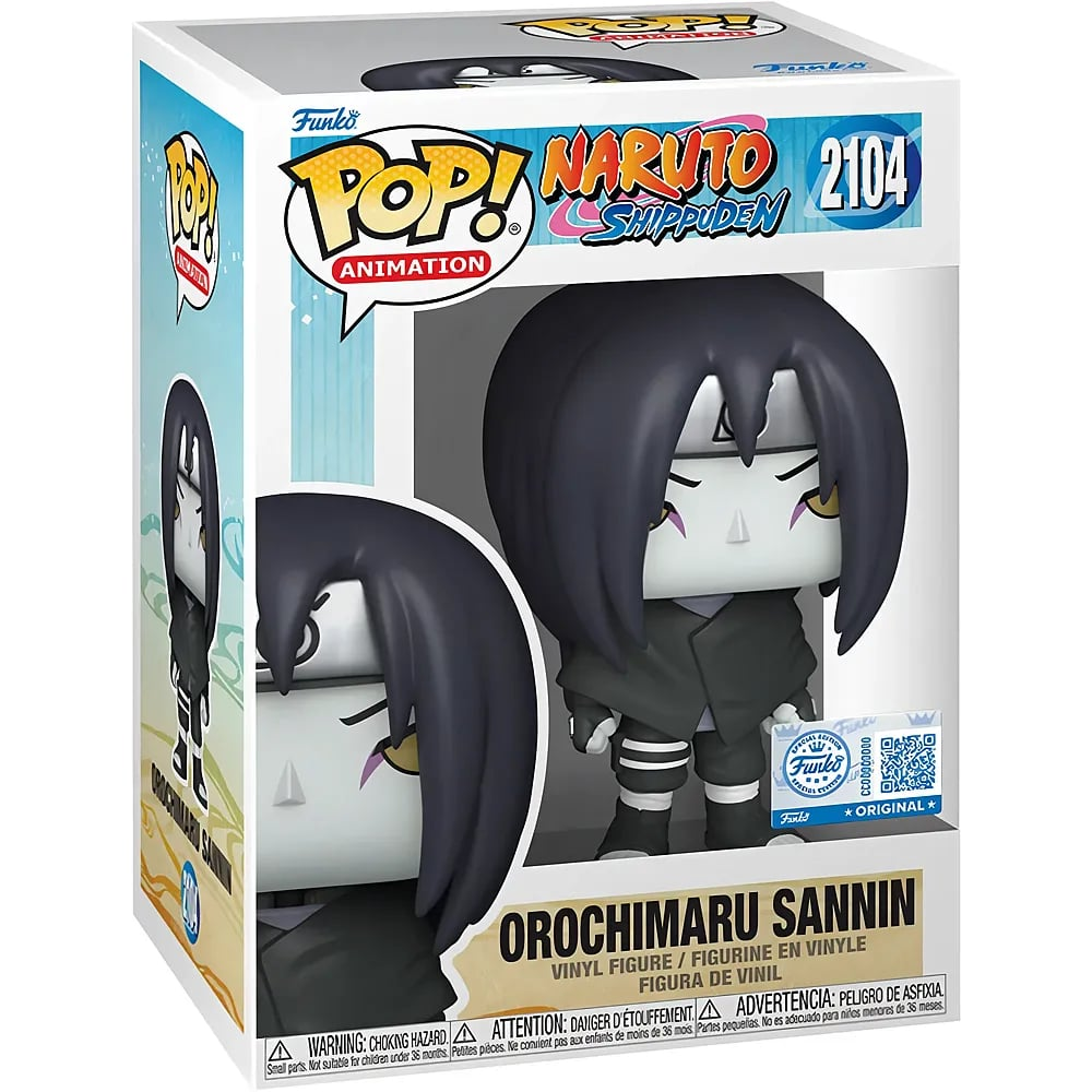 Eine Funko Pop Box mit einer Orochimaru Sannin Vinyl-Figur darin, mit dunklen Haaren und einem blassen Gesicht.