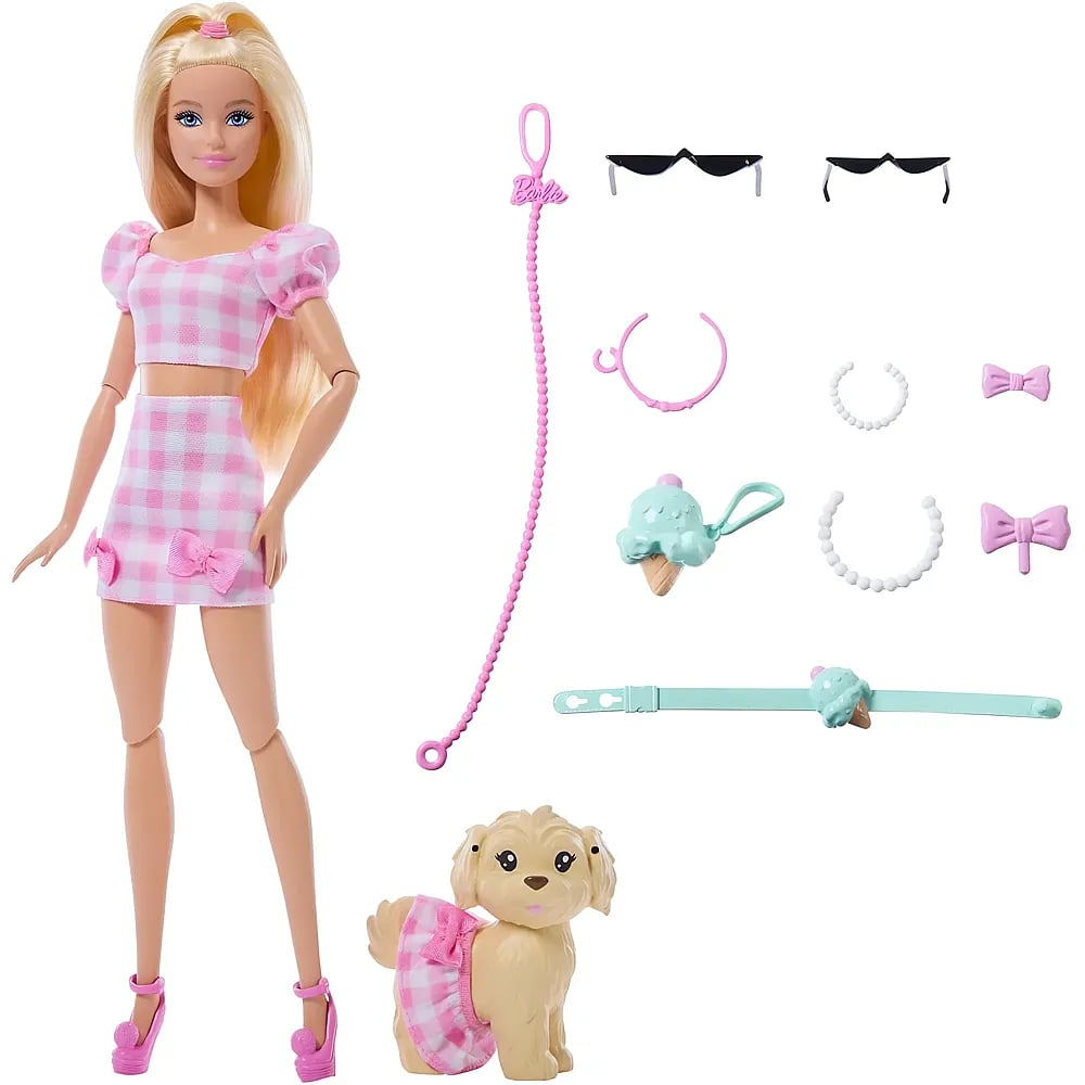 Barbie con conjunto vichy rosa, perro pequeño, collar, gafas de sol y accesorios de helado.