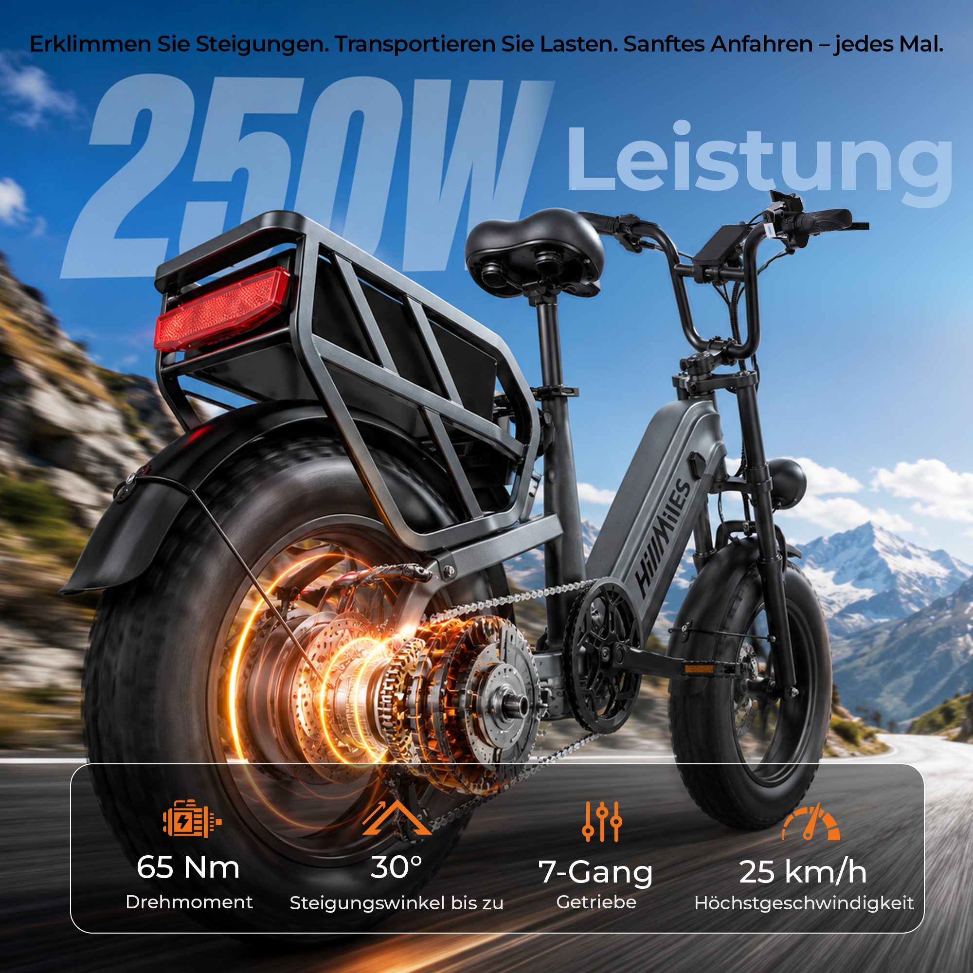 Ein schwarzes E-Bike auf einer Straße vor einer Bergkulisse mit hervorgehobenem Motor.