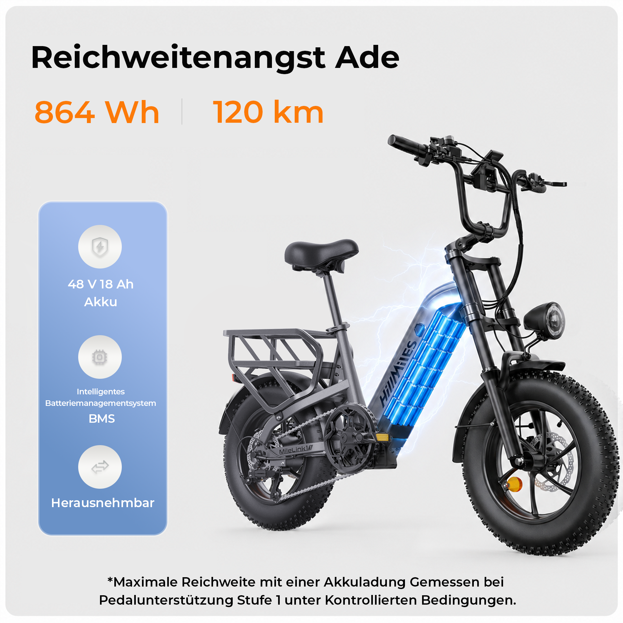 Graues E-Bike mit 864 Wh Akku für 120 km Reichweite, Infobox links und Text unten.