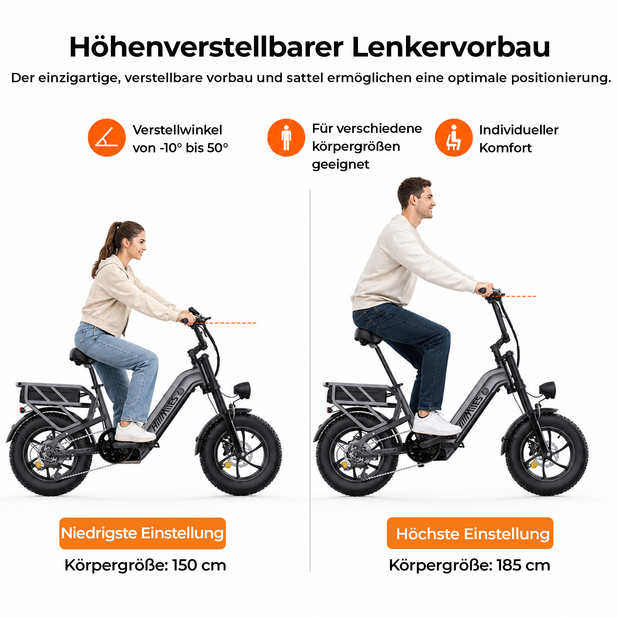 Ein E-Bike in niedrigster und höchster Einstellung für verschiedene Körpergrößen.