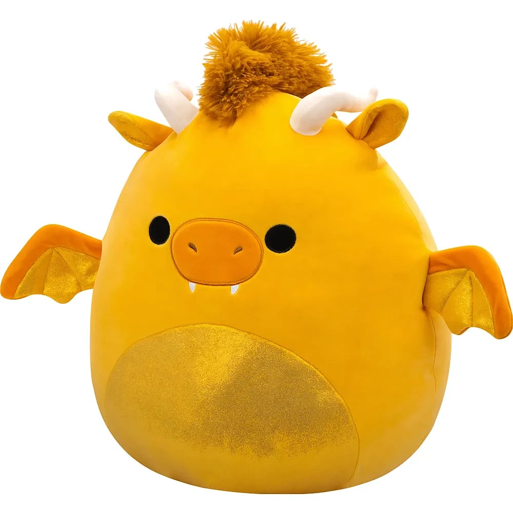 Peluche de dragon jaune avec des accents dorés, des cornes blanches et une crinière duveteuse.
