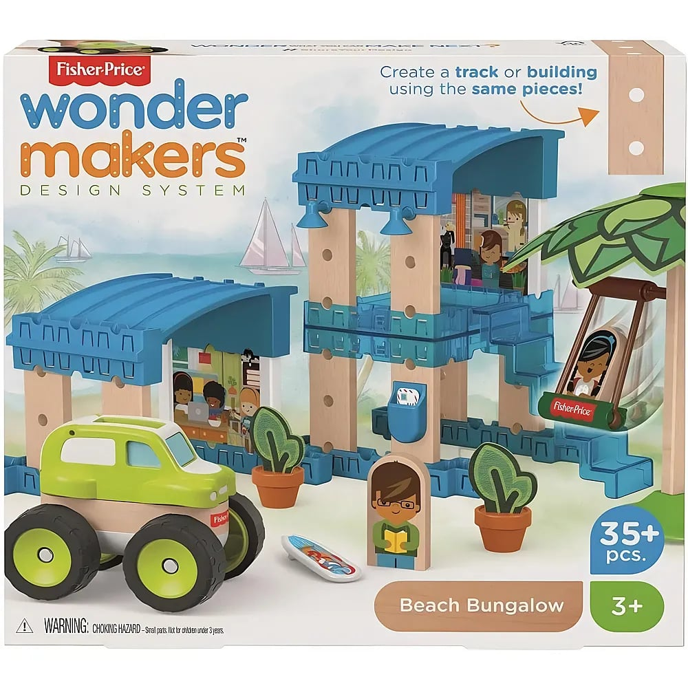Fisher-Price Wonder Makers Strandbungalow-Spielset mit Bauteilen, Auto, Figuren und Strandkulisse auf der Box.