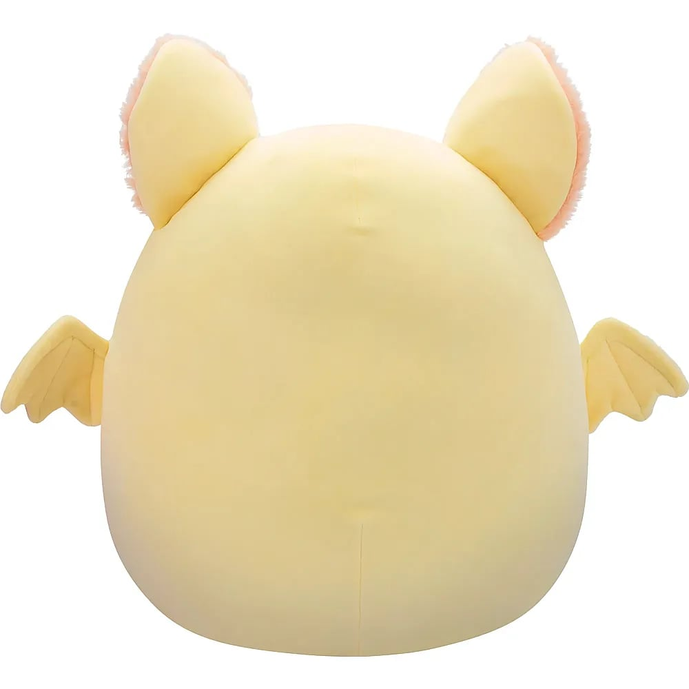 Une peluche ronde et jaune vue de dos avec de grandes oreilles et de petites ailes.