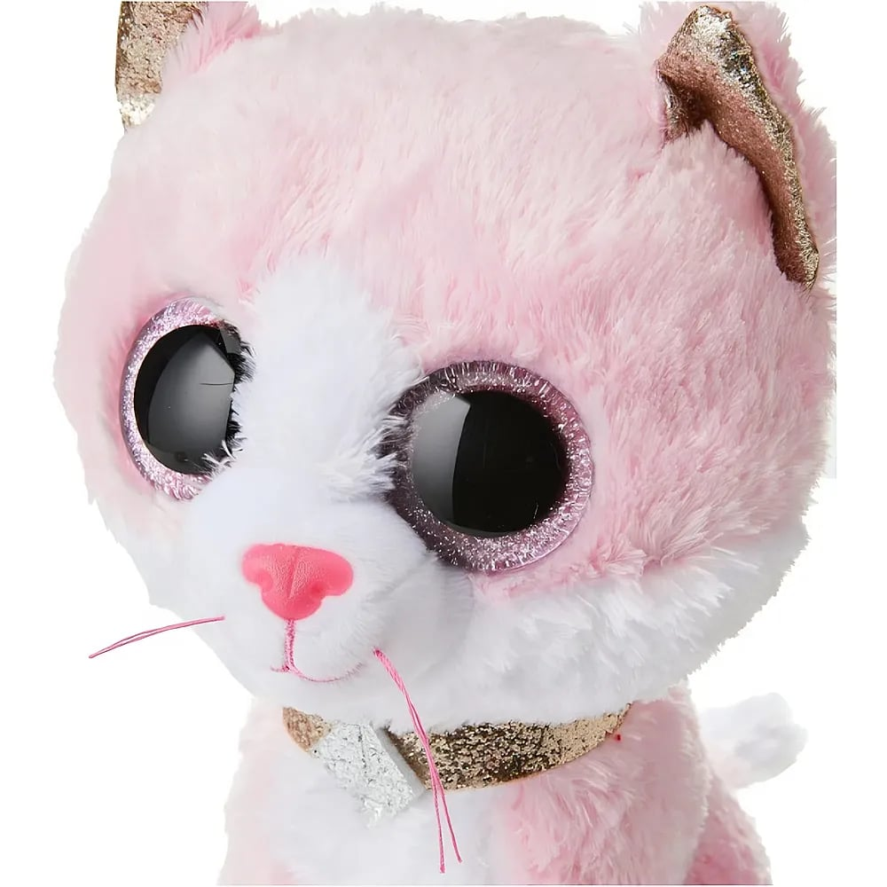 Eine plüschige rosa-weiße Katze mit großen schwarzen Glitzeraugen, rosa Nase und einem glitzernden Goldhalsband.