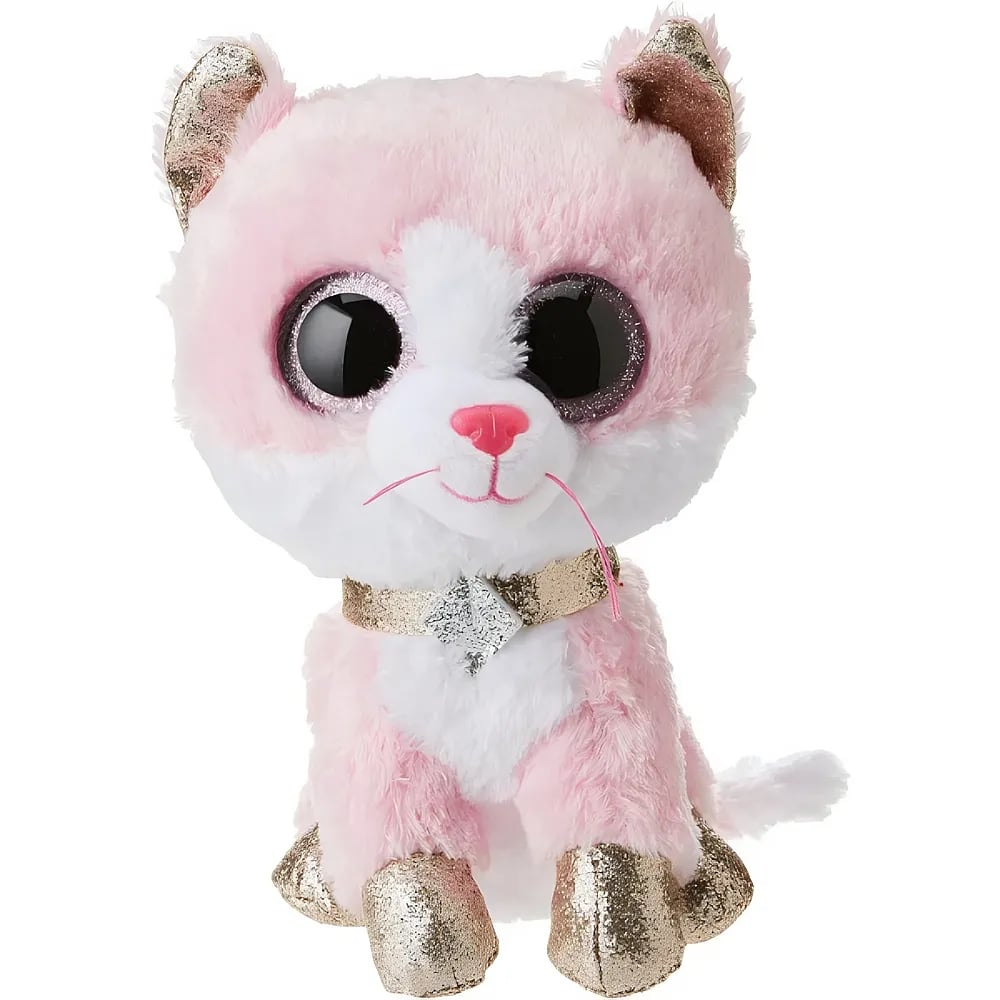Ein flauschiger rosa-weißer Plüschkater mit großen schwarzen Glitzeraugen, goldenen Pfoten und einem goldenen Halsband.