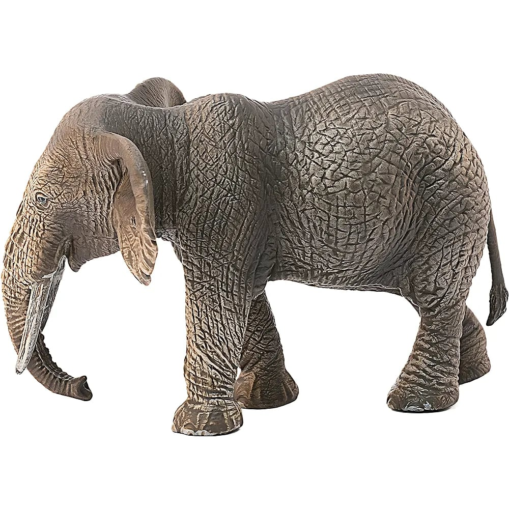 Eine detaillierte graue Elefantenfigur mit großen Ohren, Stoßzähnen und strukturiertem Körper auf weißem Hintergrund.