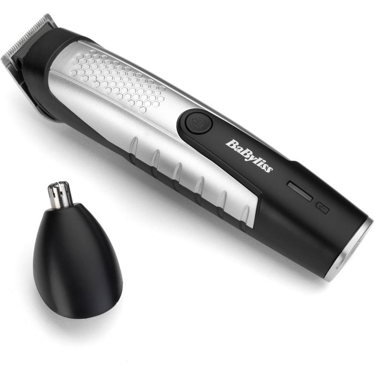 Ein schwarz-silberner BaByliss-Trimmer mit Nasenhaartaufsatz auf weißem Hintergrund.