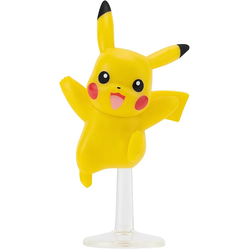 Eine gelbe Pikachu-Figur mit roten Backen auf einem klaren Standfuß.