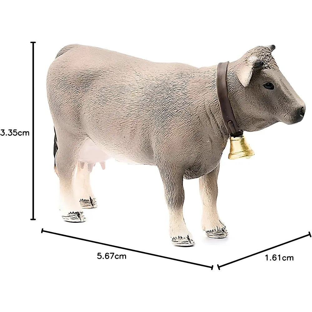 Eine braune Kuhfigur mit einer goldenen Glocke um den Hals, vermasst mit 3,35cm Höhe, 5,67cm Länge und 1,61cm Breite.