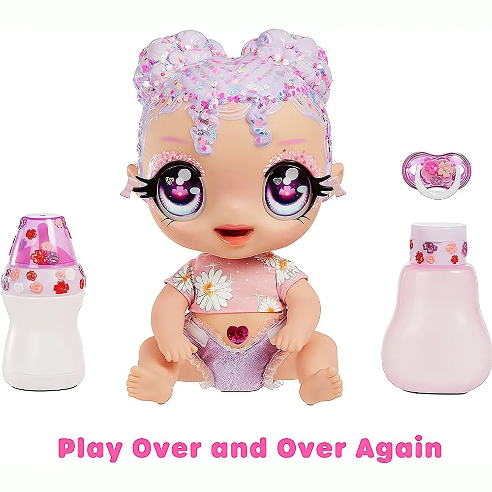 Eine süße Puppe mit glitzerndem lila Haar, großen Augen, einem Blumenshirt, zwei Fläschchen und einem Schnuller.