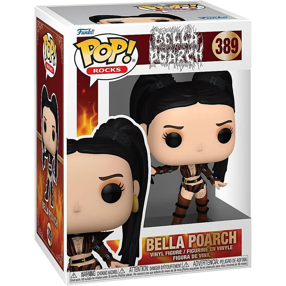 Figura de vinilo Funko Pop Rocks de Bella Poarch en caja, con un traje marrón y coletas oscuras.
