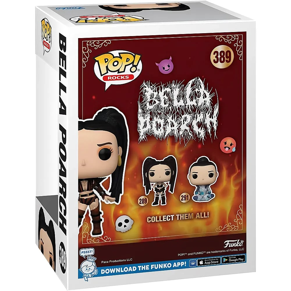Caja Funko Pop Rocks Bella Poarch con fondo de fuego y dos gráficos de figuras.