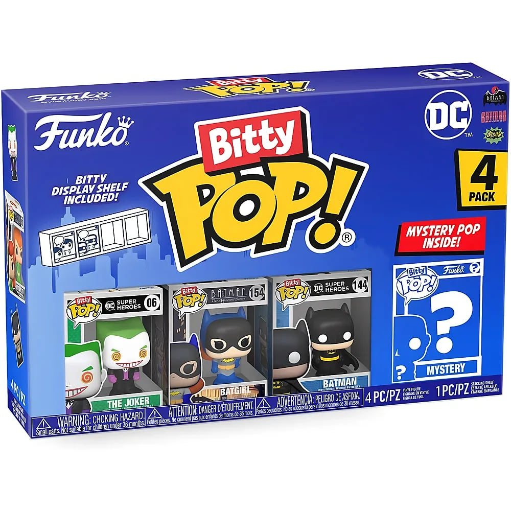 Niebieskie pudełko 4 sztuk Funko Bitty Pop! z superbohaterami DC: Joker, Batgirl, Batman i tajemniczą figurką.