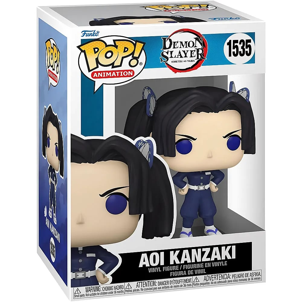 Figura Funko Pop de Aoi Kanzaki de Demon Slayer en uniforme azul con pinzas para el cabello de mariposa en su caja.